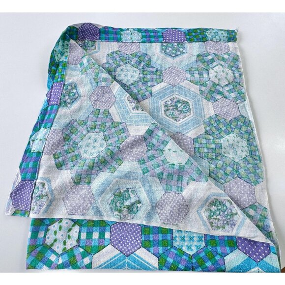 Vintage 70s curtain, blue, green purple faux patchwork, abstract floral panel - Picture 8 of 9